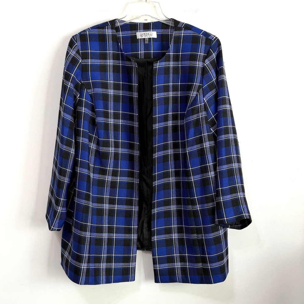 Kasper Blazer Jacket 22W Open Front Blue Plaid Business Career Plus Party Church